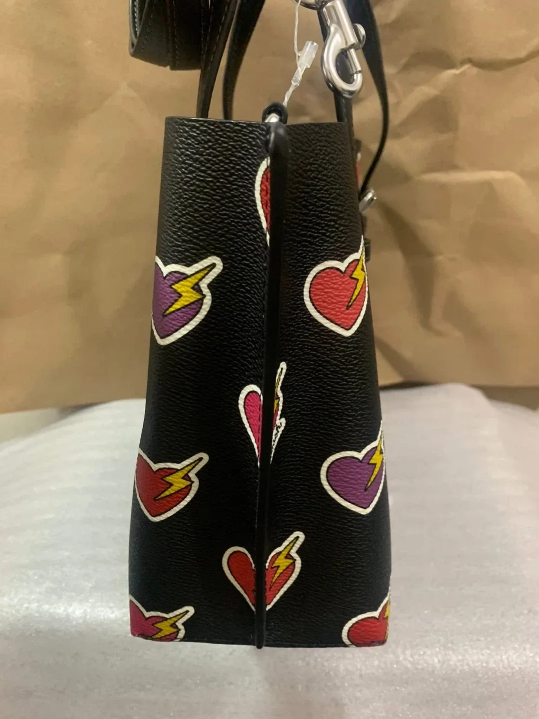 Coach Black Leather Heart Print Tote Bag image indicator(3)