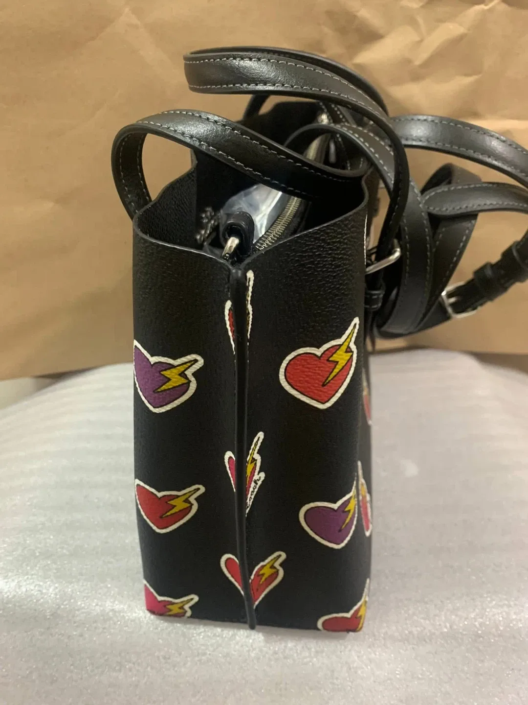 Coach Black Leather Heart Print Tote Bag image indicator(5)