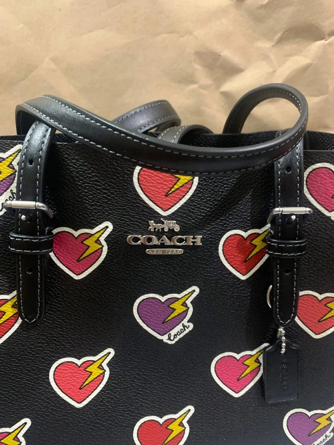 Coach Black Leather Heart Print Tote Bag image indicator(7)