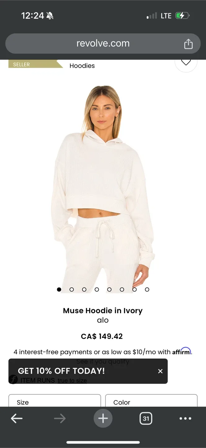 Alo Cropped Hoodie - Ivory (size xs) image indicator(3)