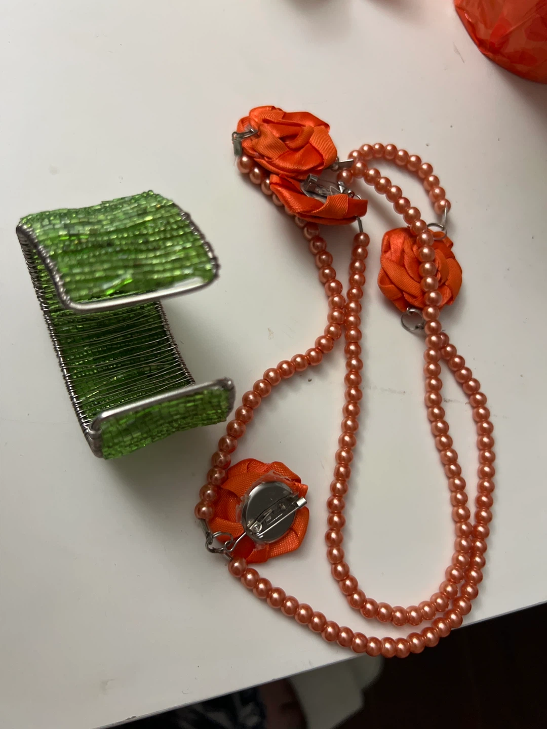Orange Beaded Necklace & Green Beaded Bracelet