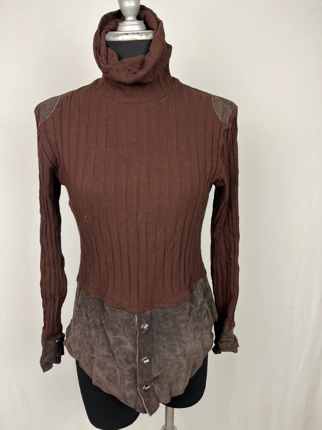 Brown Turtleneck Top with Suede Accent