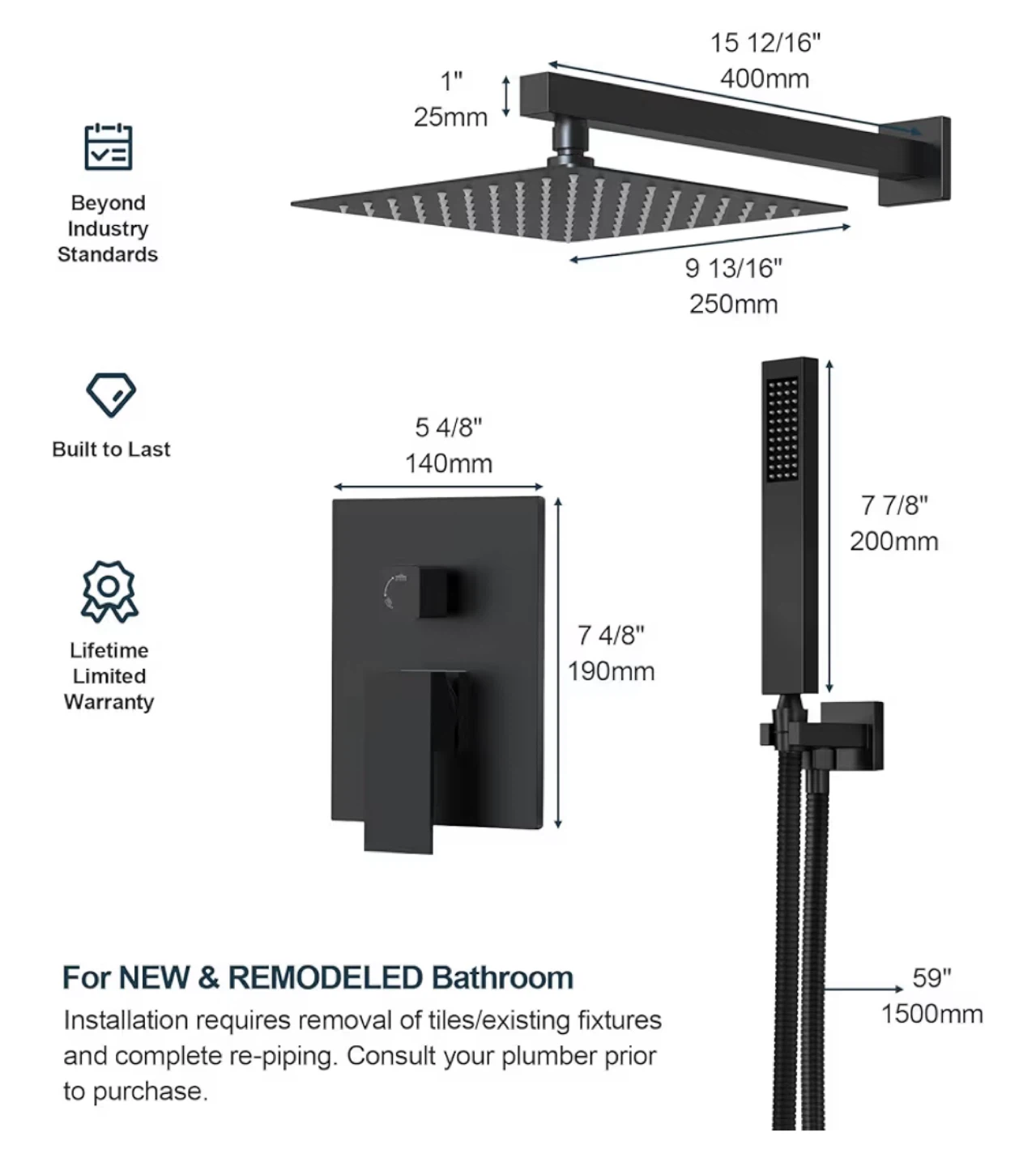 Grandjoy Matte Black 10 Inch Shower Faucet Set - photo 2