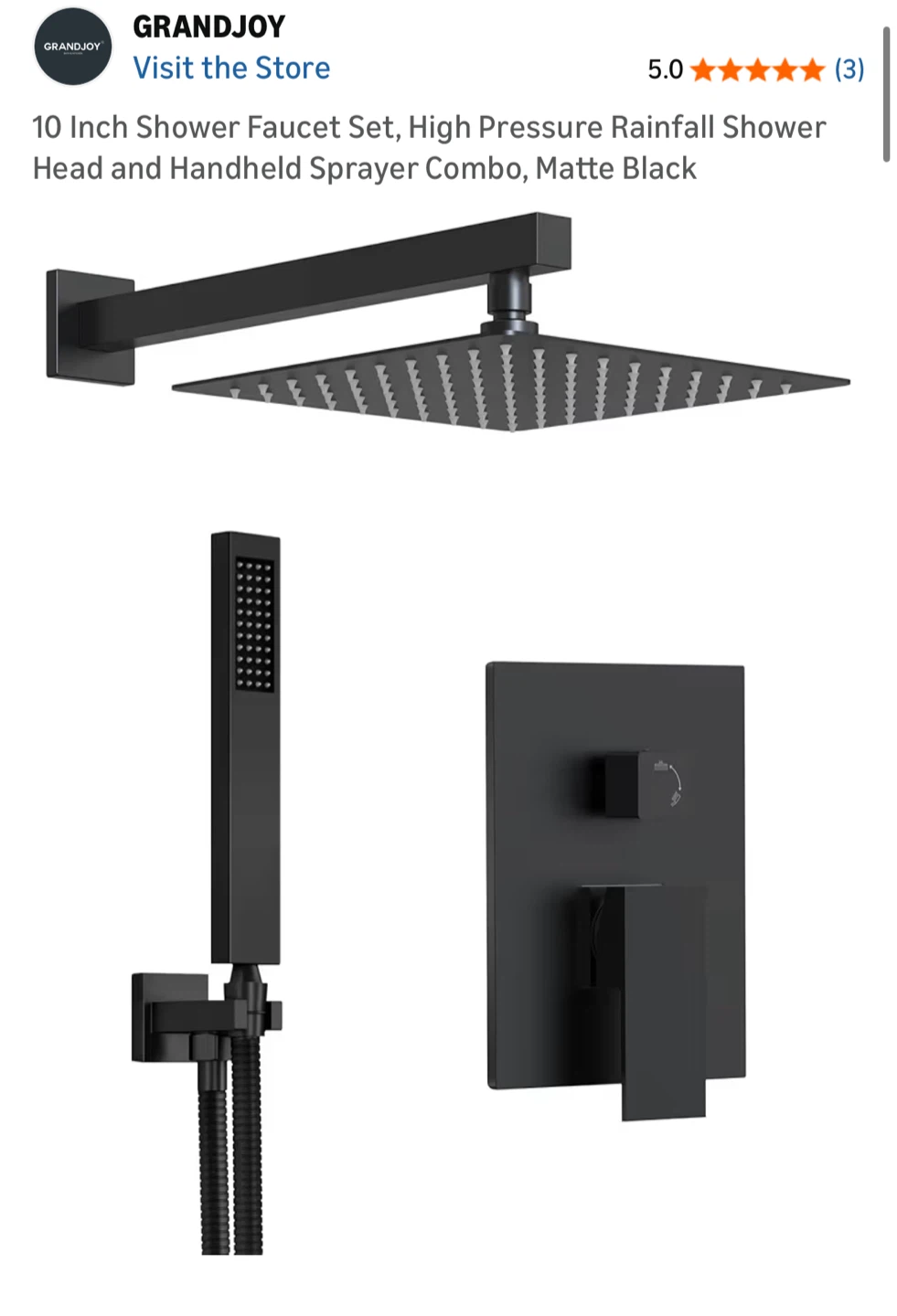 Grandjoy Matte Black 10 Inch Shower Faucet Set