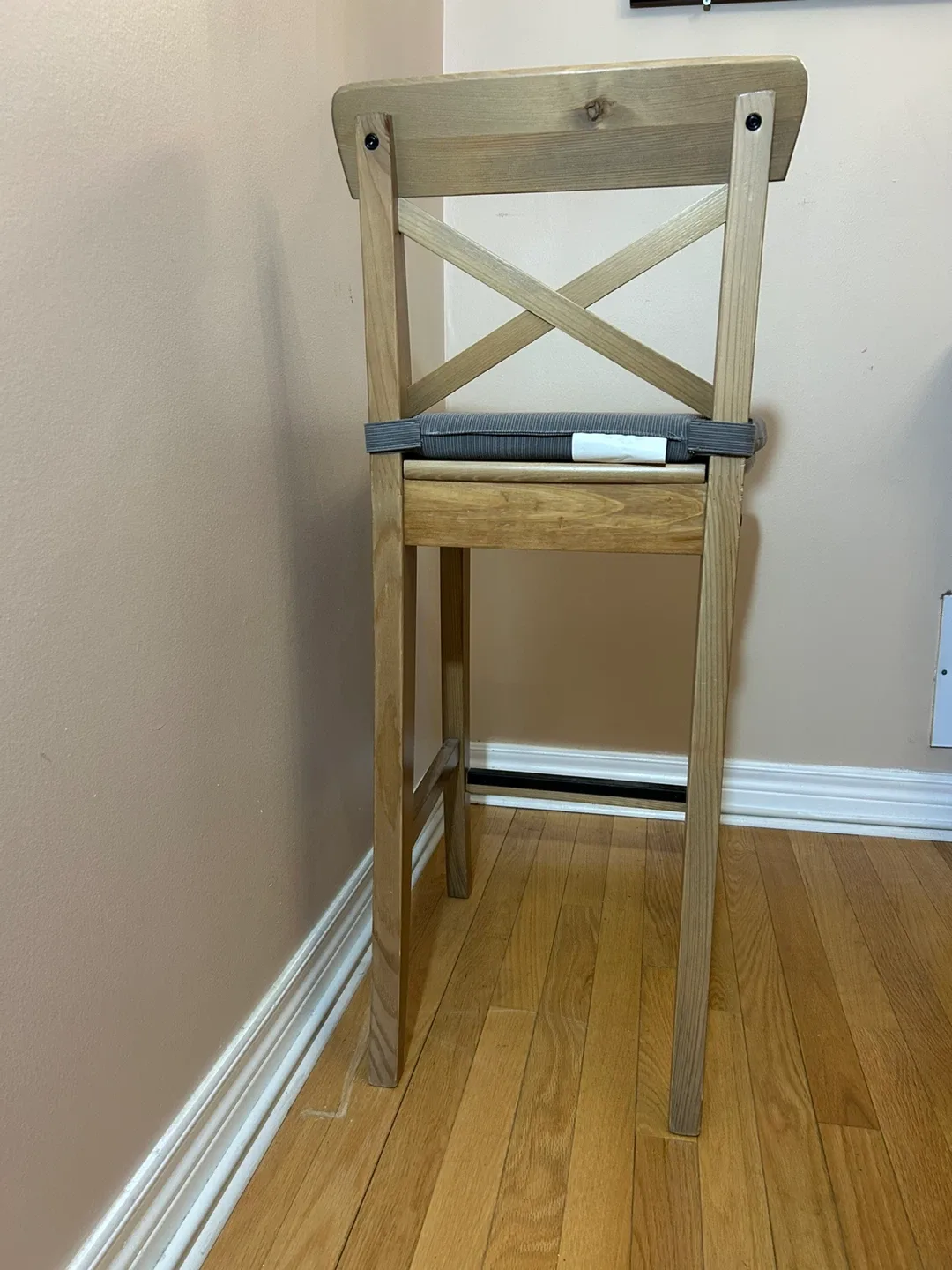 IKEA Wooden Bar Stool with Gray Cushion image indicator(4)