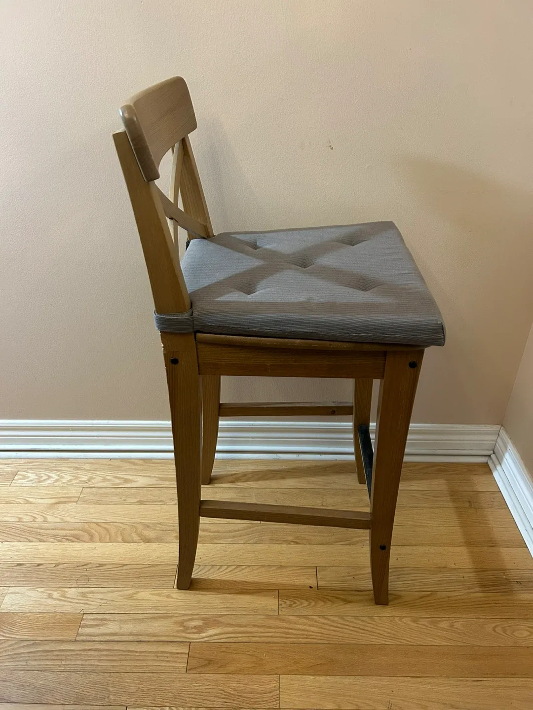 IKEA Wooden Bar Stool with Gray Cushion image indicator(3)