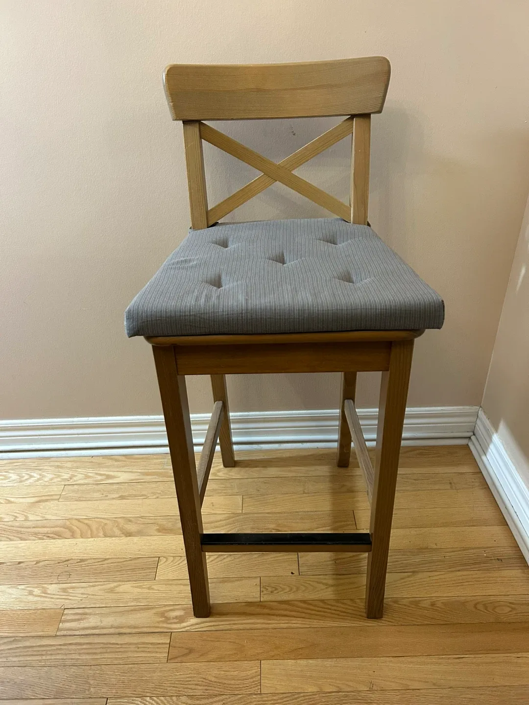 IKEA Wooden Bar Stool with Gray Cushion image indicator(2)