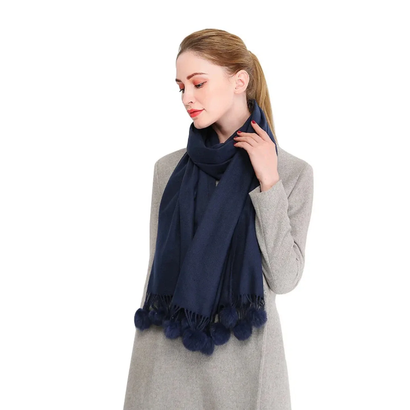 Navy Blue Pom Pom Scarf