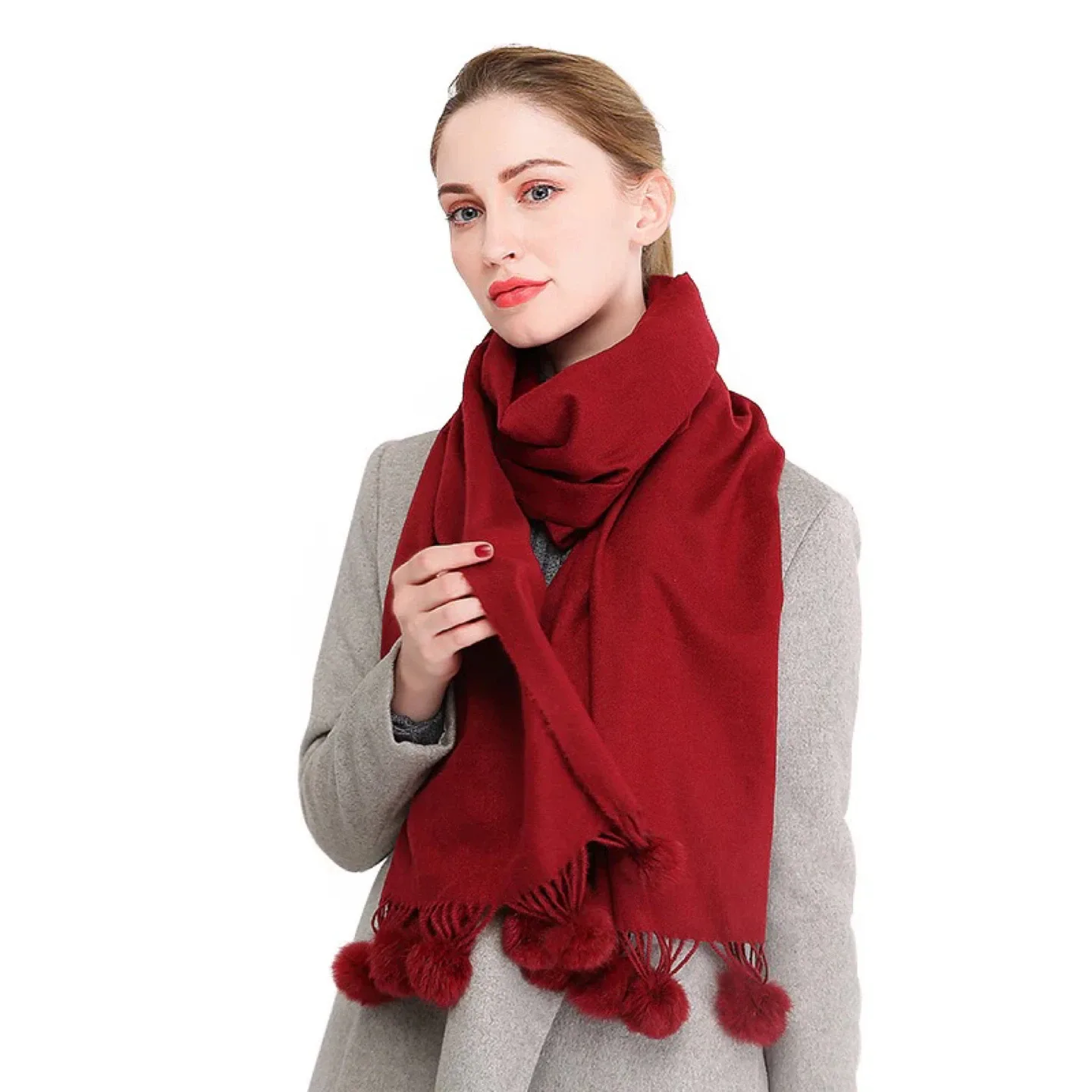 Maroon/Dark Red Pom Pom Scarf/Shawl