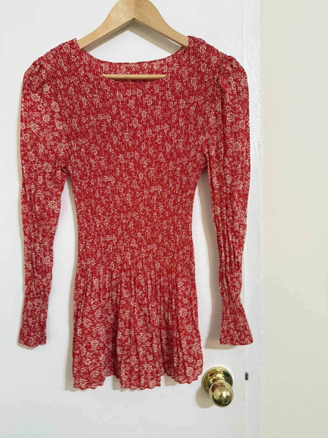 Floral Print Long Sleeve Smocked Dress- Red