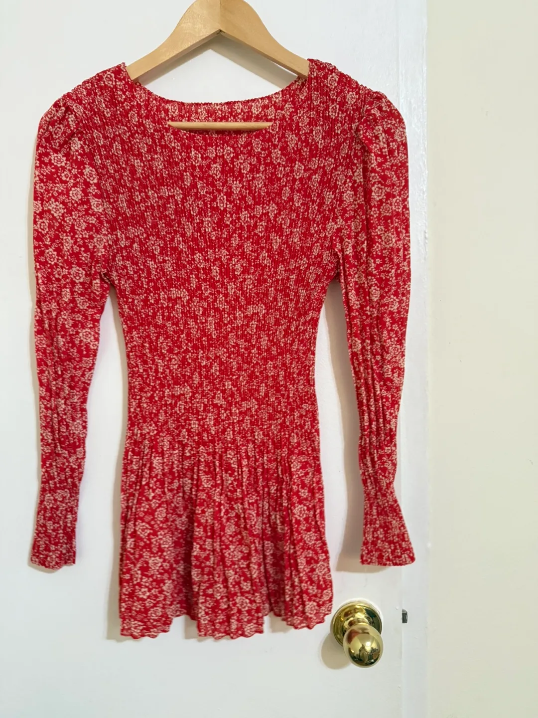 Floral Print Long Sleeve Smocked Dress- Red
