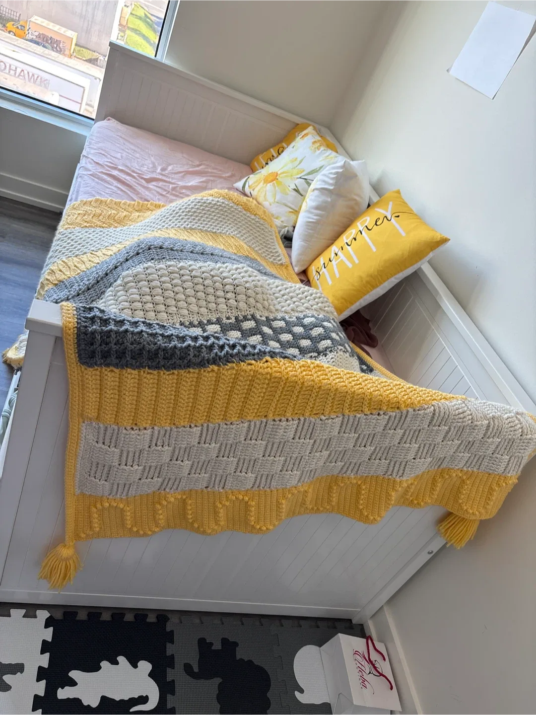 Handmade Crochet Throw Blanket - Yellow, Grey, White image indicator(3)