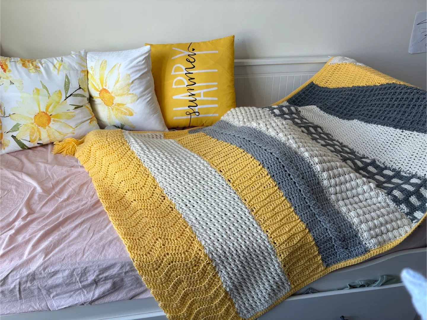 Handmade Crochet Throw Blanket - Yellow, Grey, White image indicator(2)