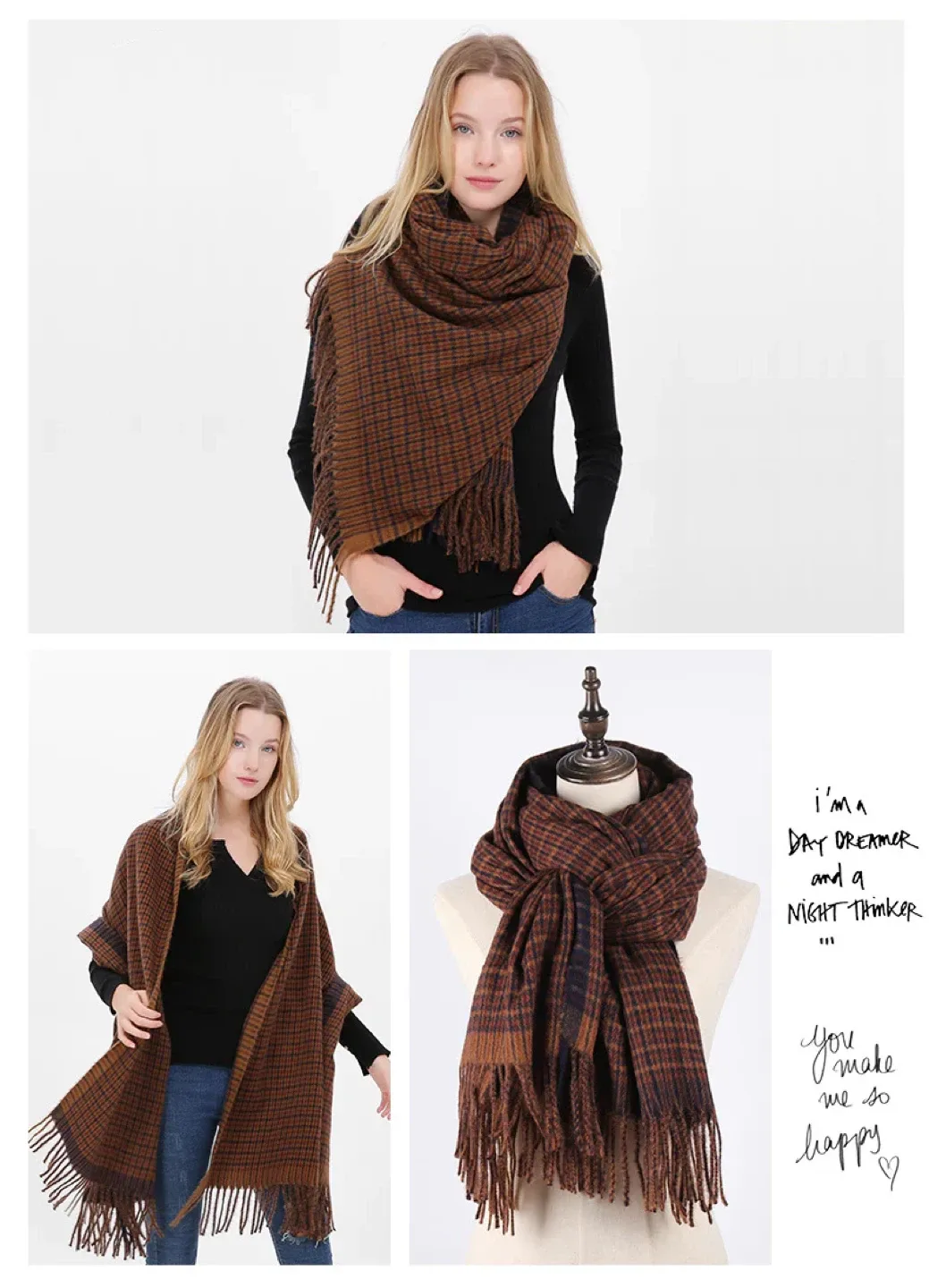 Brown Plaid Scarf with Tassels