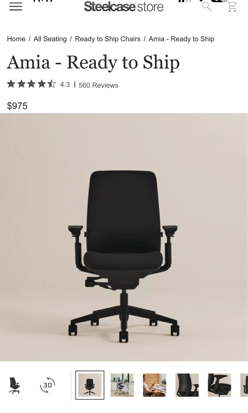 🪑 Steelcase Amia Task Chair – Dark Grey (Armless, Black Frame)