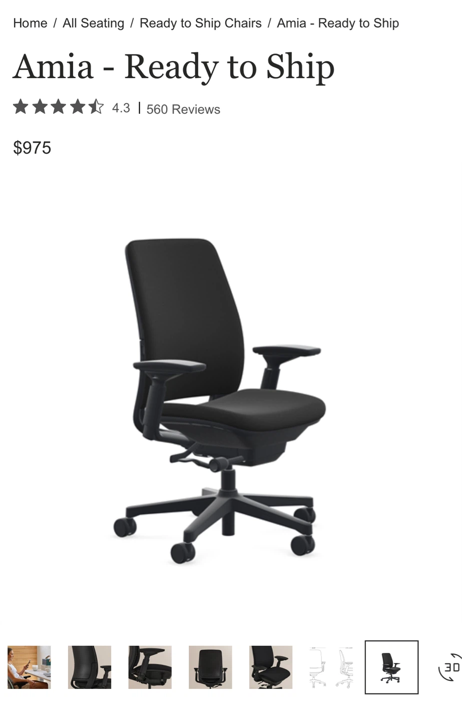 🪑 Steelcase Amia Task Chair – Dark Grey (Armless, Black Frame) - photo 2
