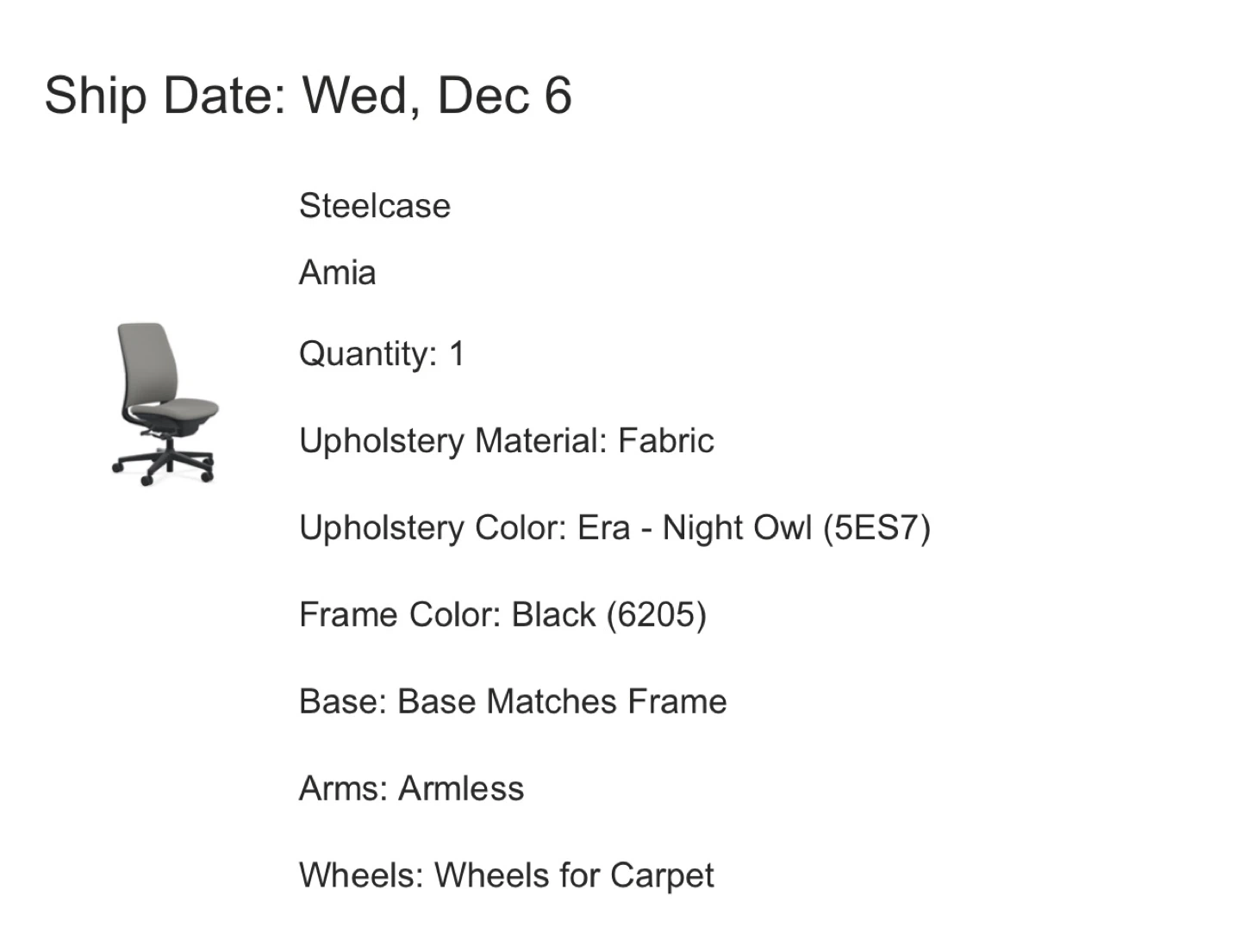 🪑 Steelcase Amia Task Chair – Dark Grey (Armless, Black Frame) - photo 3