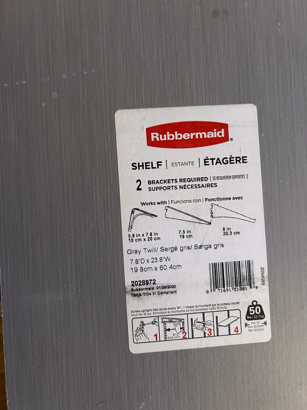 Rubbermaid Gray Twill Shelf 7.8"D x 23.8"W - photo 2
