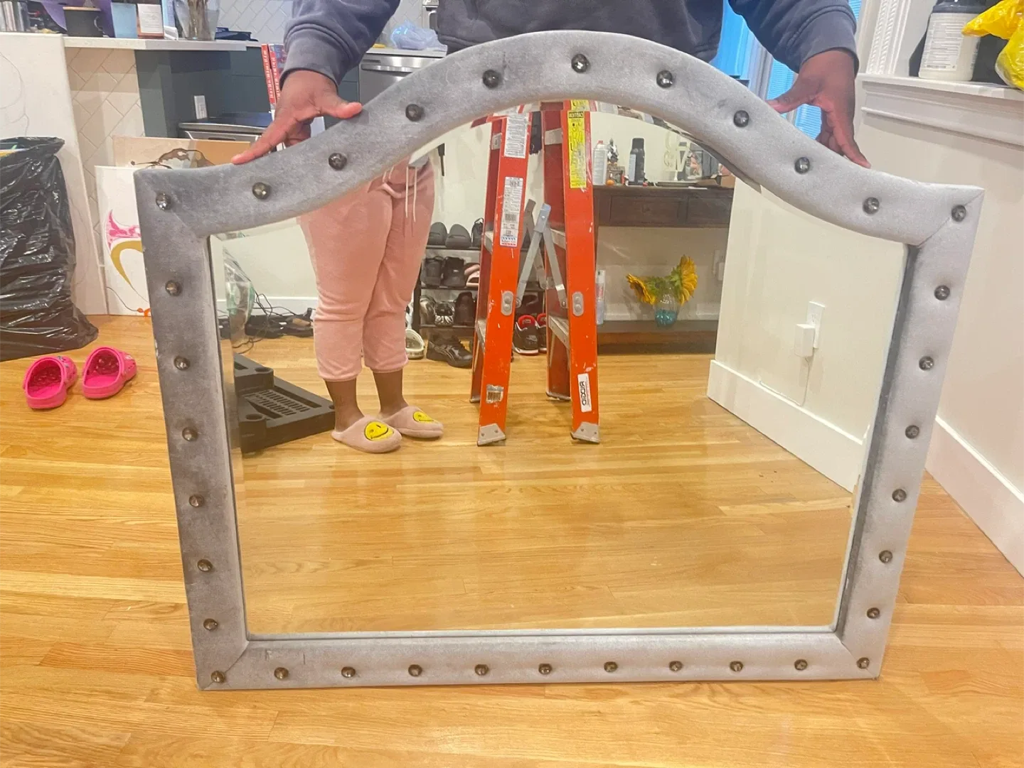 Gray Upholstered Mirror with Studded Detail image indicator(2)