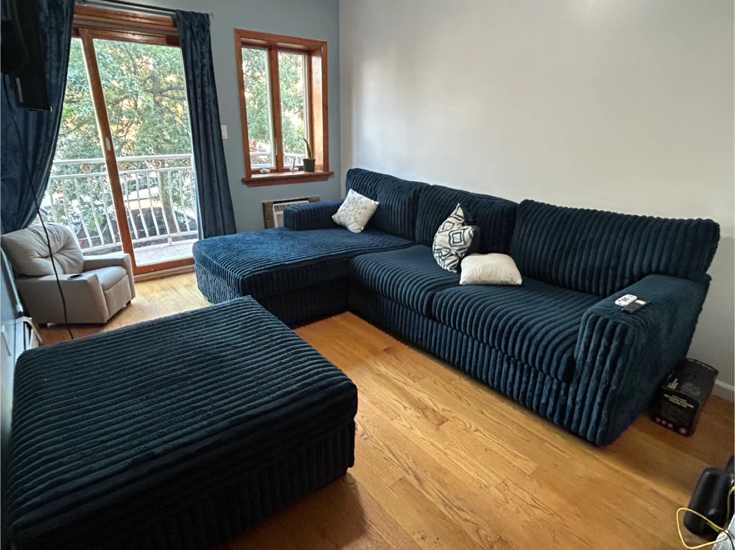 Blue Corduroy Sectional Sofa with Ottoman