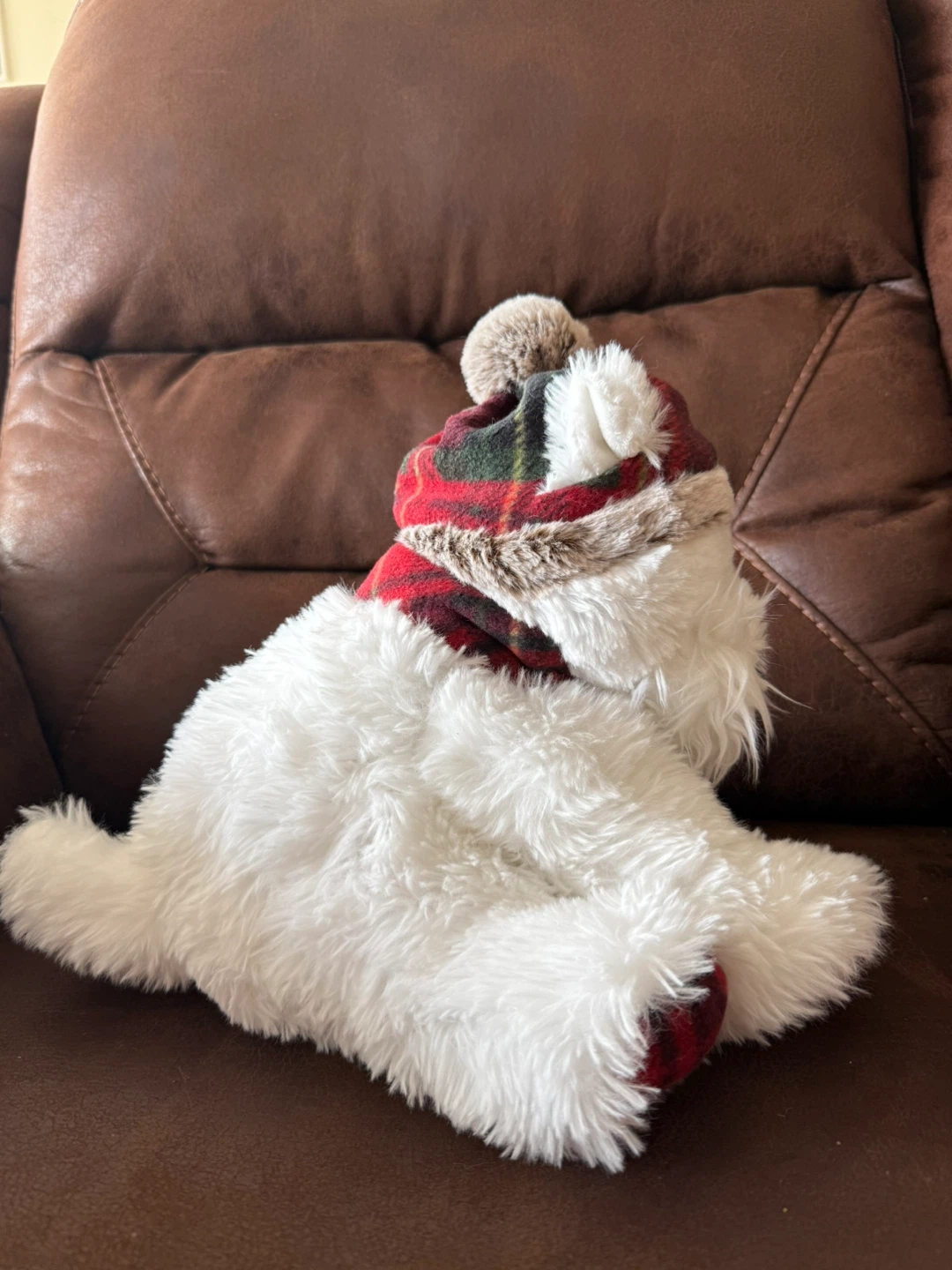 Brand new Plush White Dog with christmas Plaid Hat - photo 3