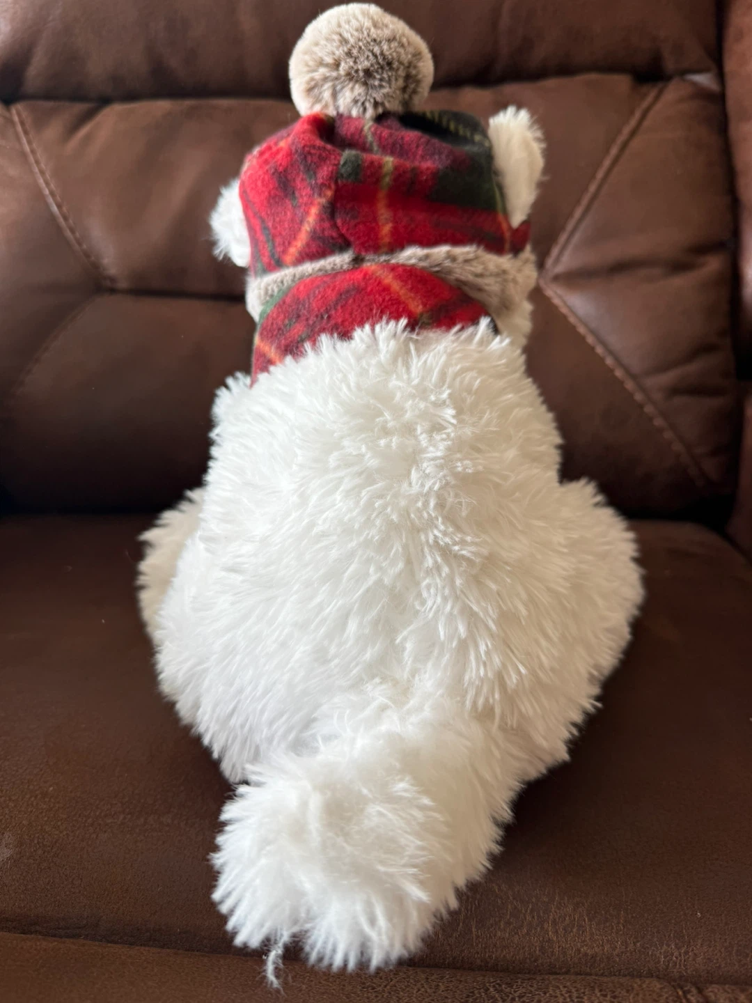 Brand new Plush White Dog with christmas Plaid Hat - photo 2