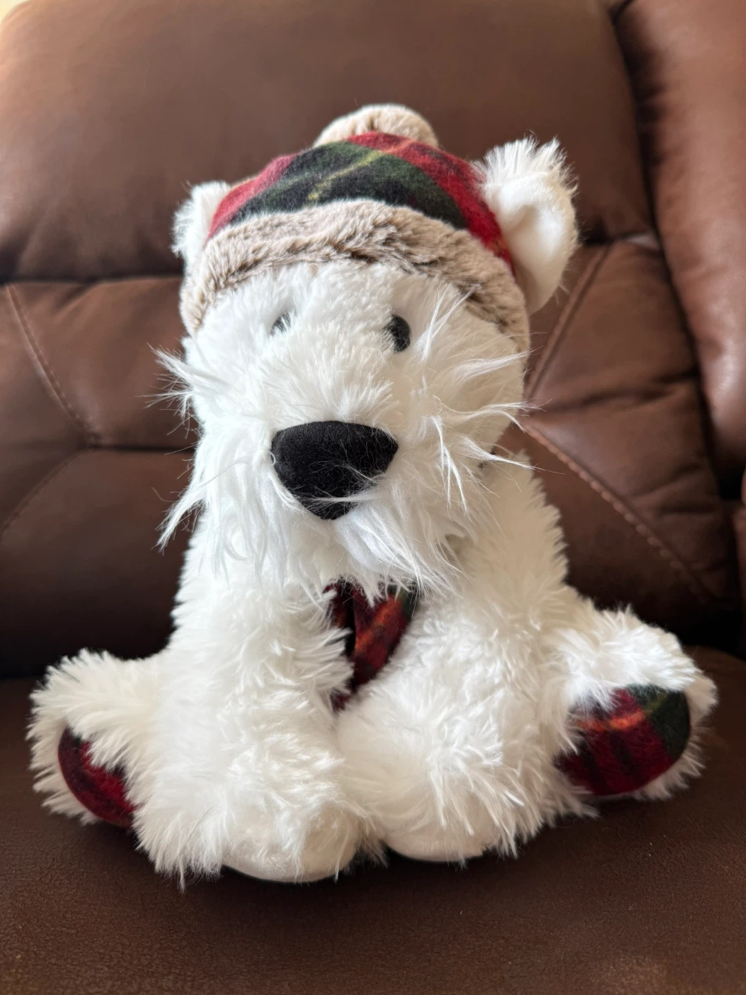 Brand new Plush White Dog with christmas Plaid Hat