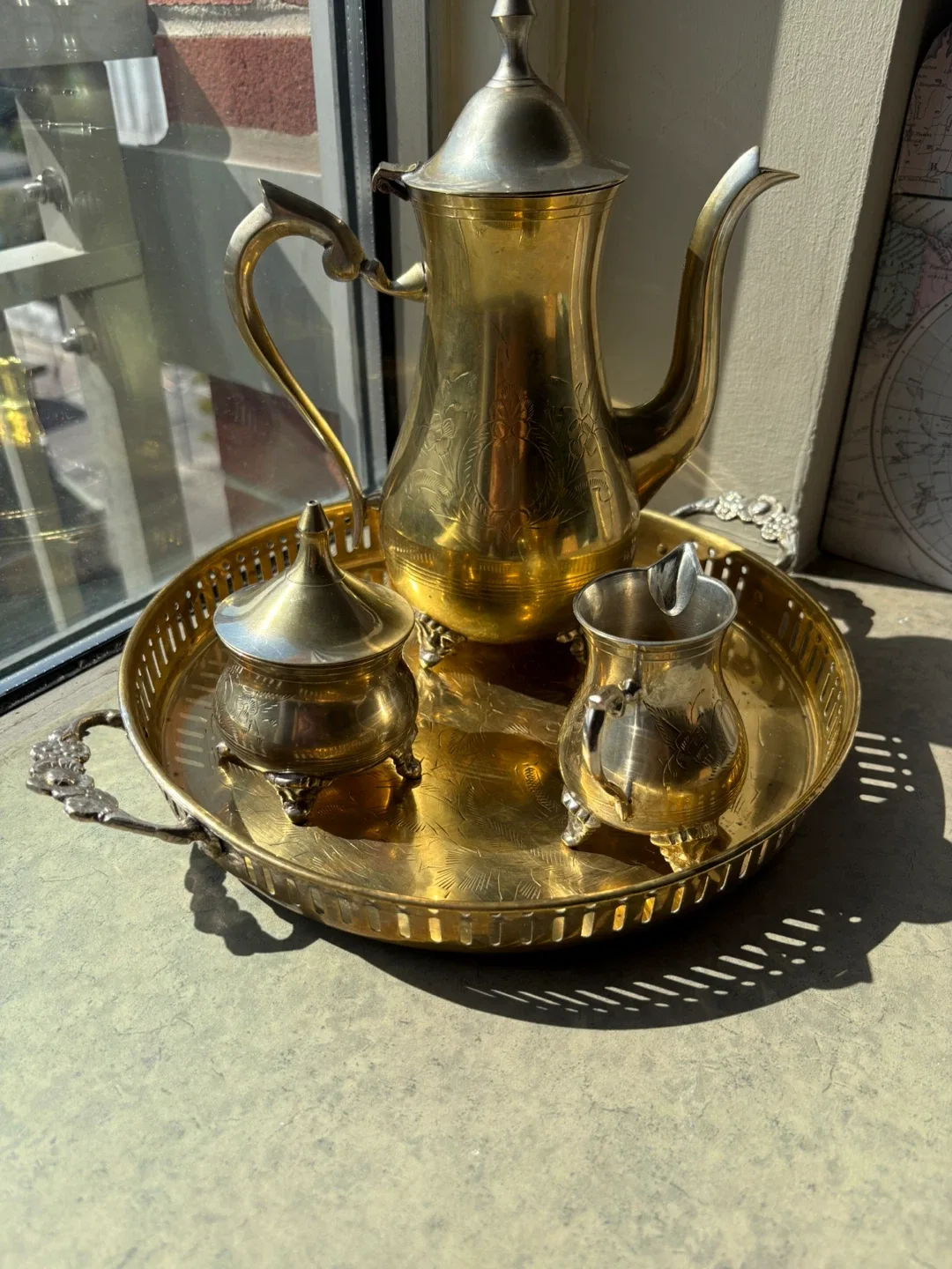 Vintage Brass Tea Set with Tray thumbnail