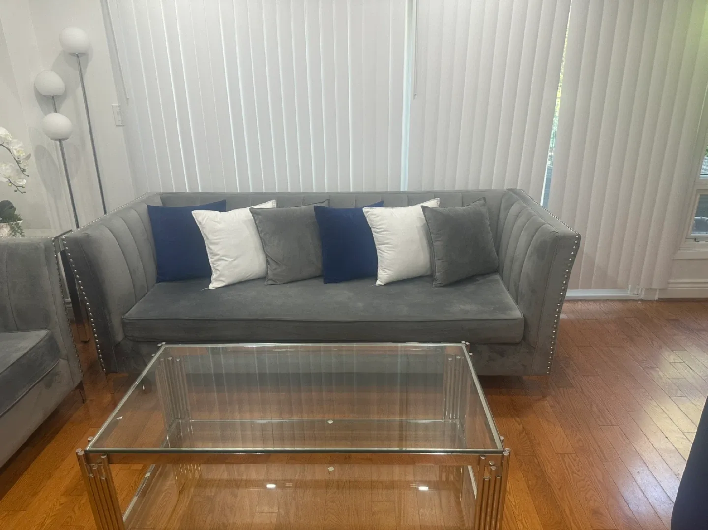 Grey Velvet Sofa Set and glass table image indicator(2)