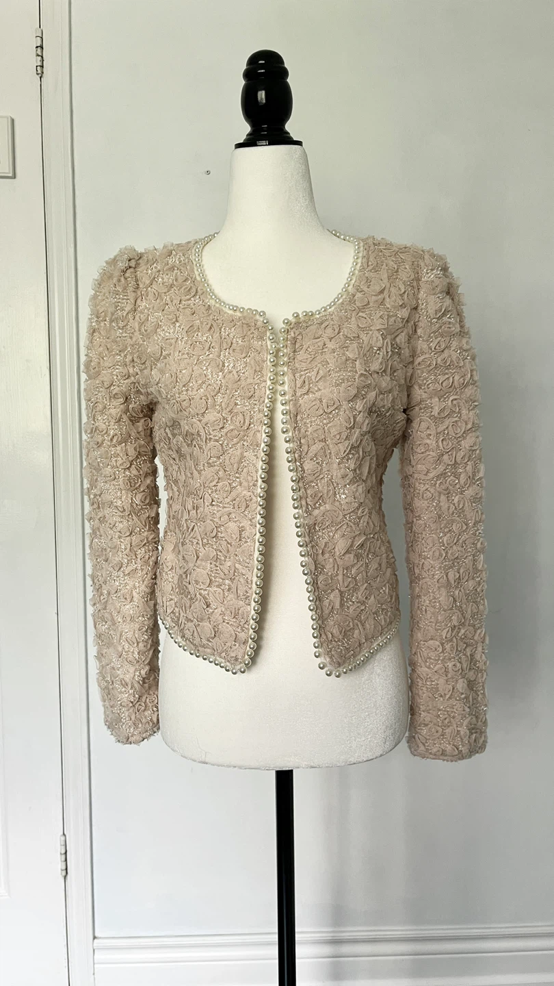 Beige floral tulle embroidered jacket with pearl trims