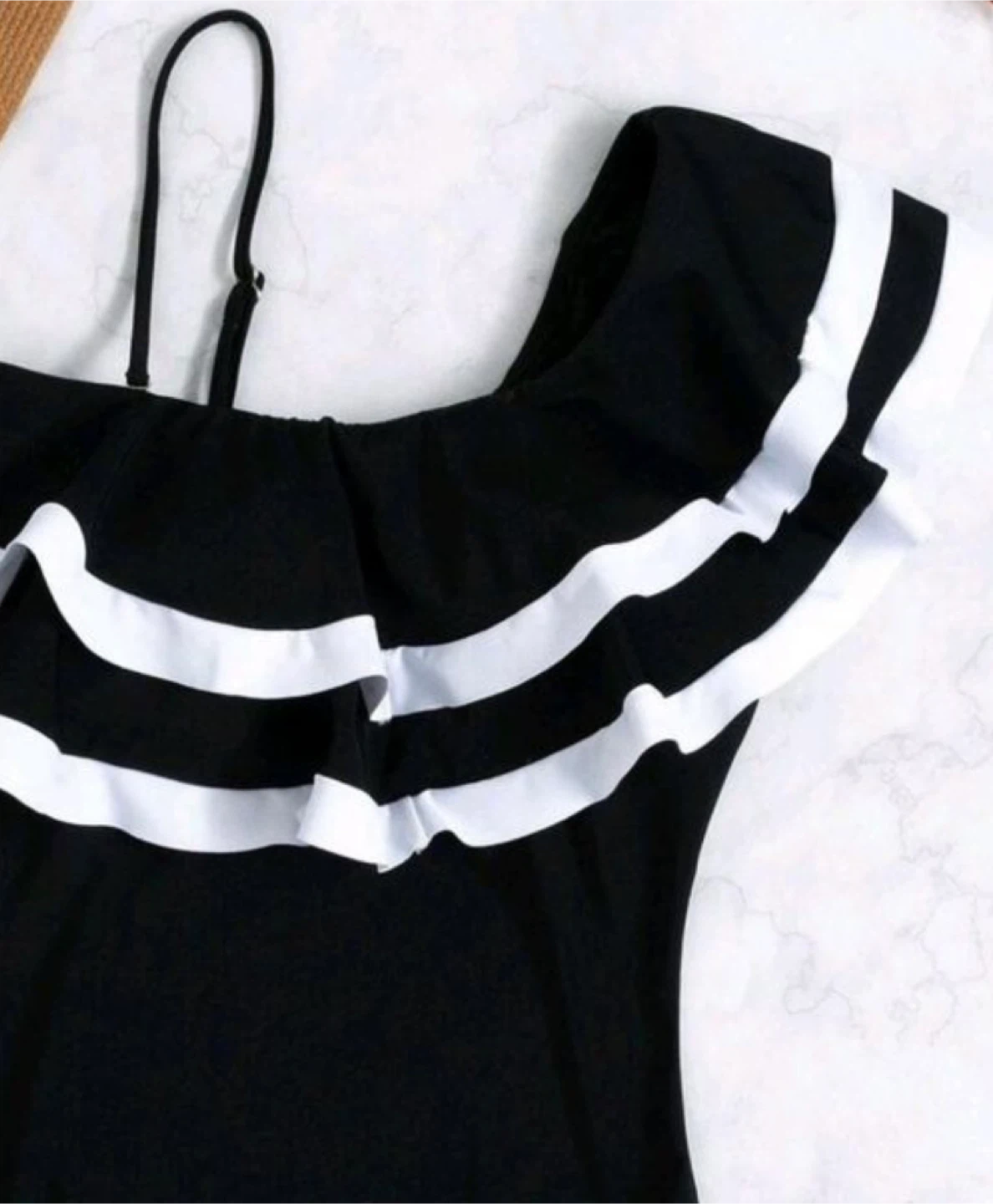 Black & White One-Shoulder Ruffle Swimsuit