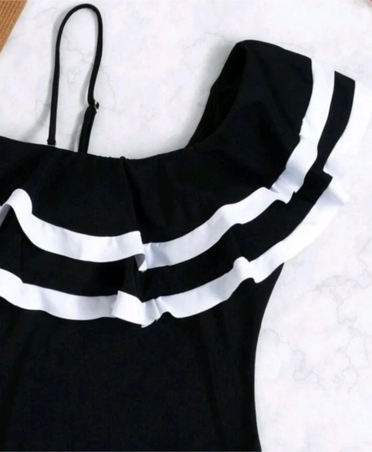 Black & White One-Shoulder Ruffle Swimsuit thumbnail