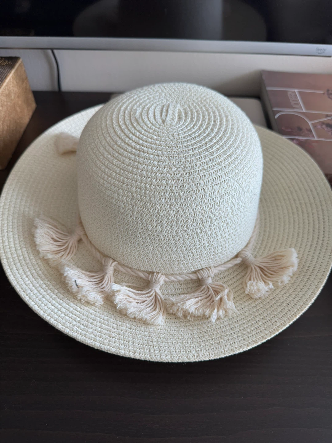 Cream Sun Hat with Tassels - Size 22.83"