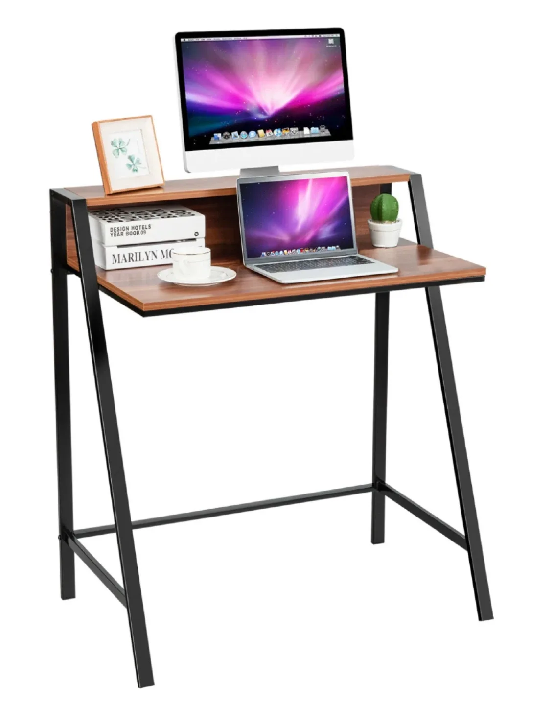 Wood & Black Writing Desk with Shelves