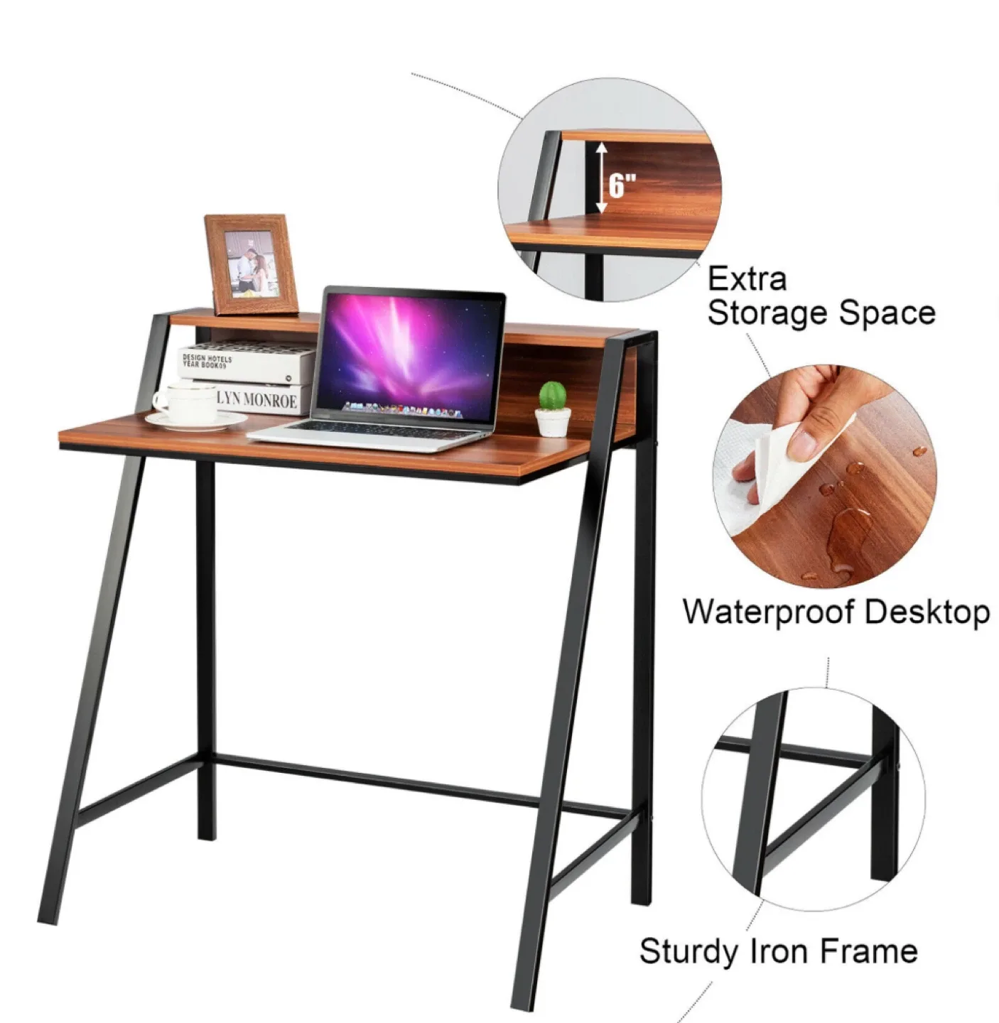 Wood & Black Writing Desk with Shelves image indicator(3)