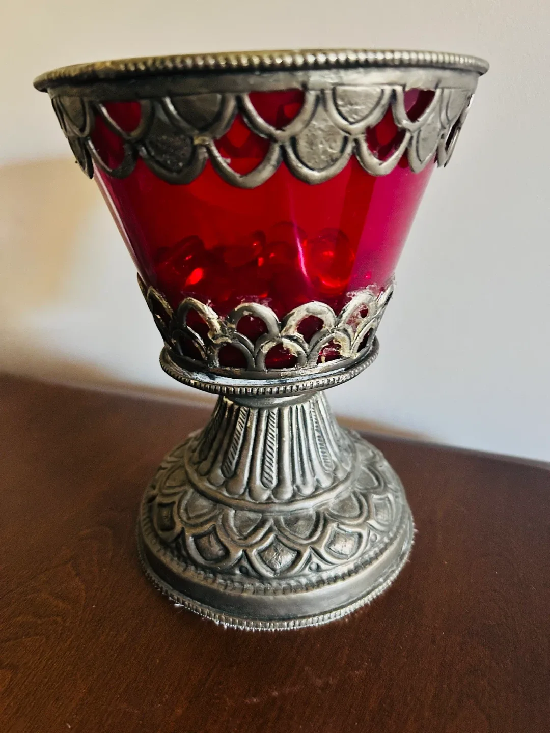 Red Glass candle holder or sweets dish with Silver Accents image indicator(6)