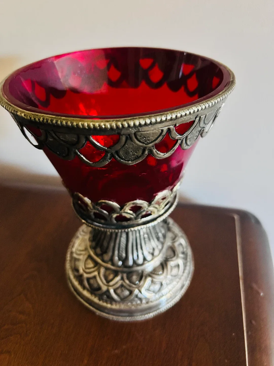 Red Glass candle holder or sweets dish with Silver Accents image indicator(2)