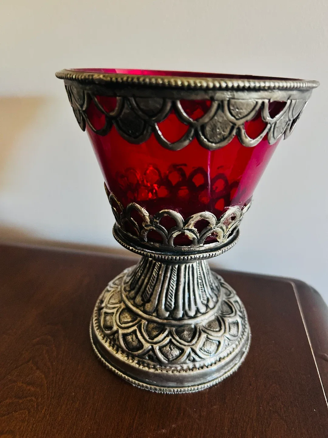 Red Glass candle holder or sweets dish with Silver Accents image indicator(4)