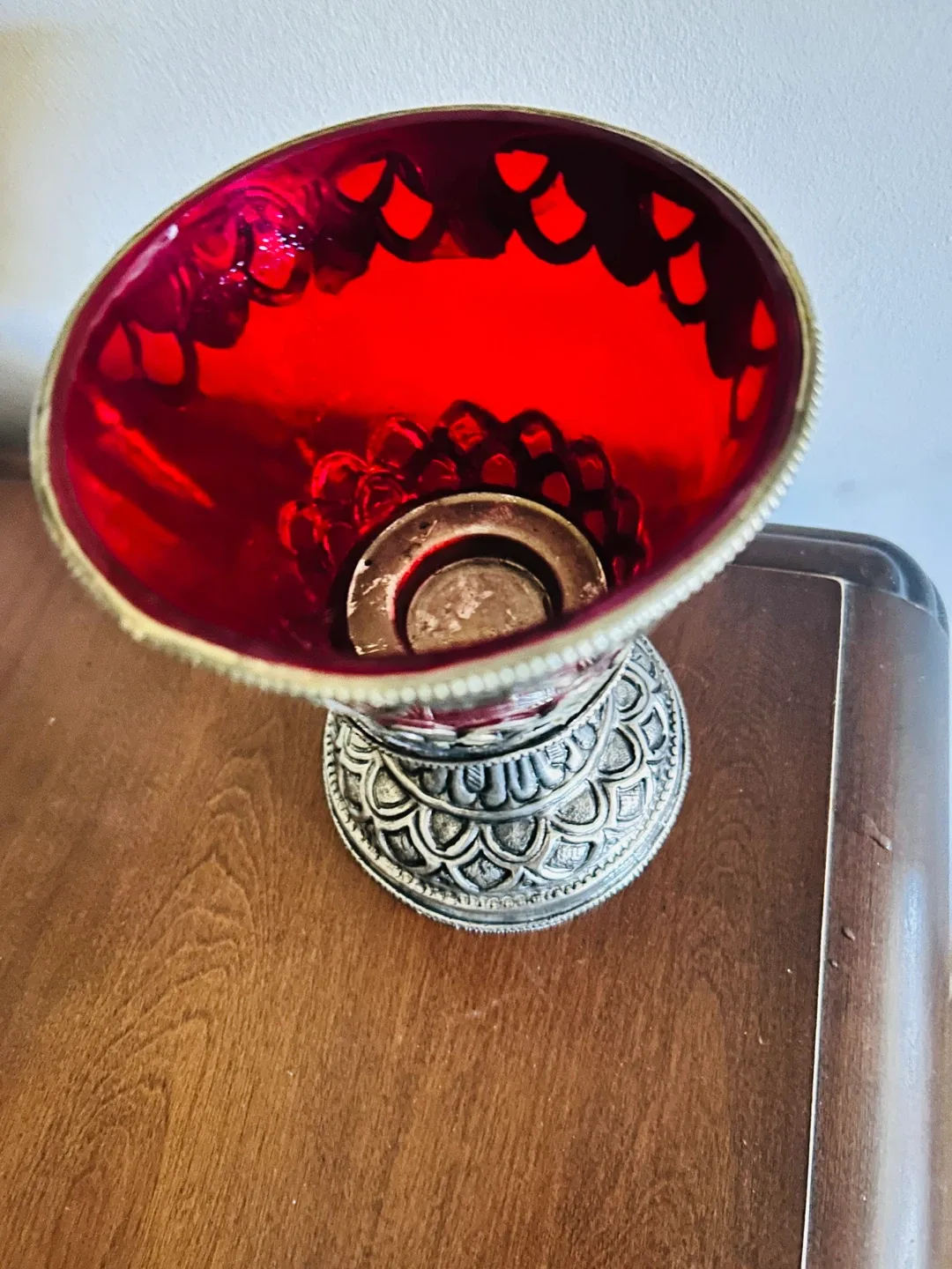 Red Glass candle holder or sweets dish with Silver Accents image indicator(3)