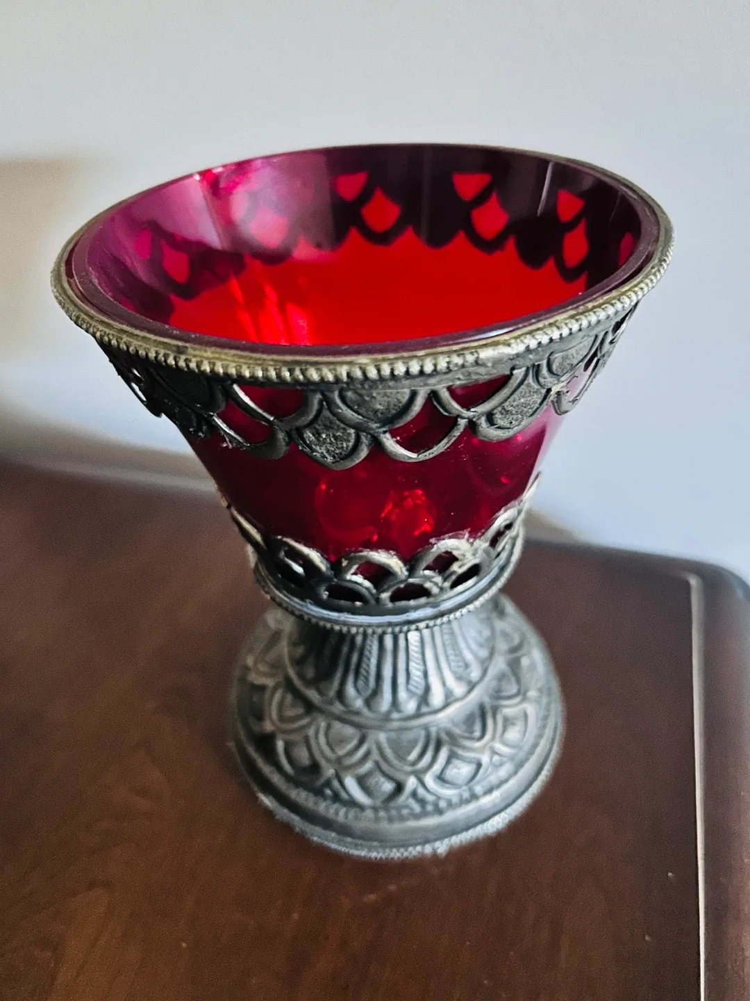 Red Glass candle holder or sweets dish with Silver Accents image indicator(5)