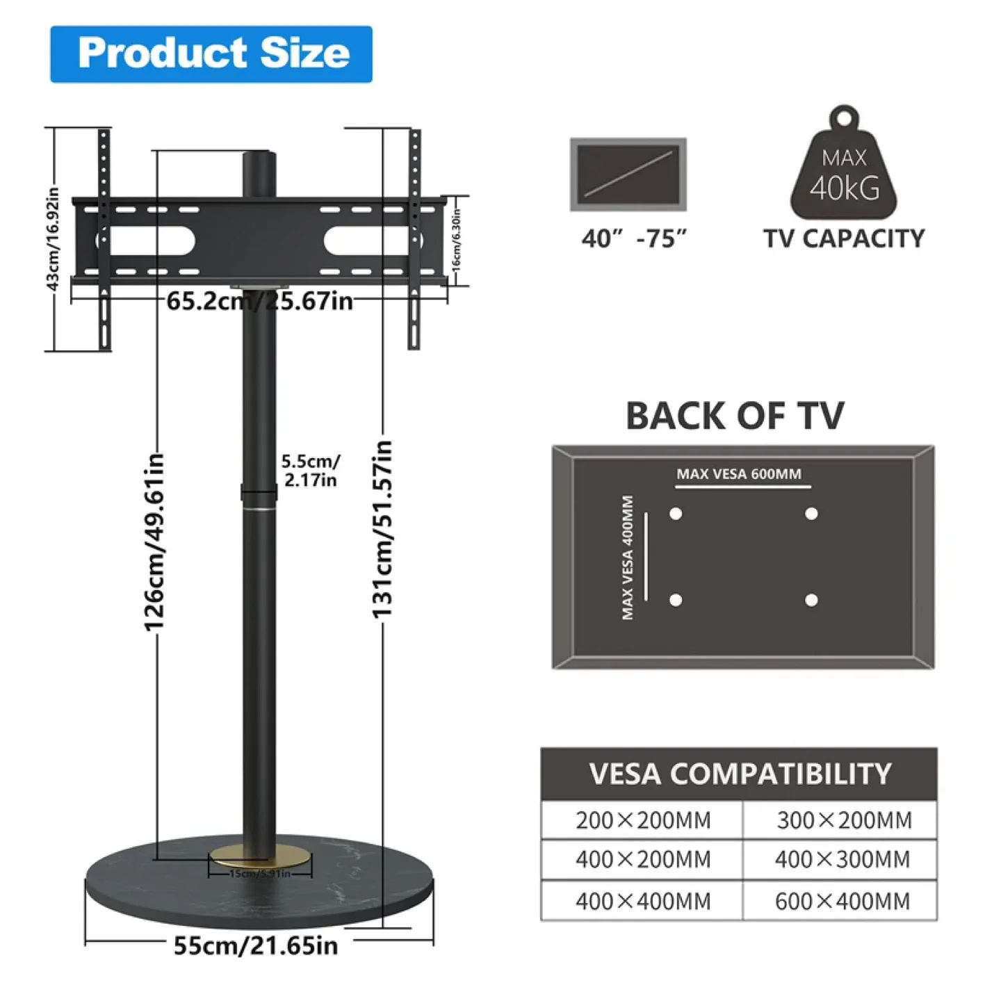 Vanconwey Floor TV Stand for 40-75 Inch LED LCD Screens image indicator(5)