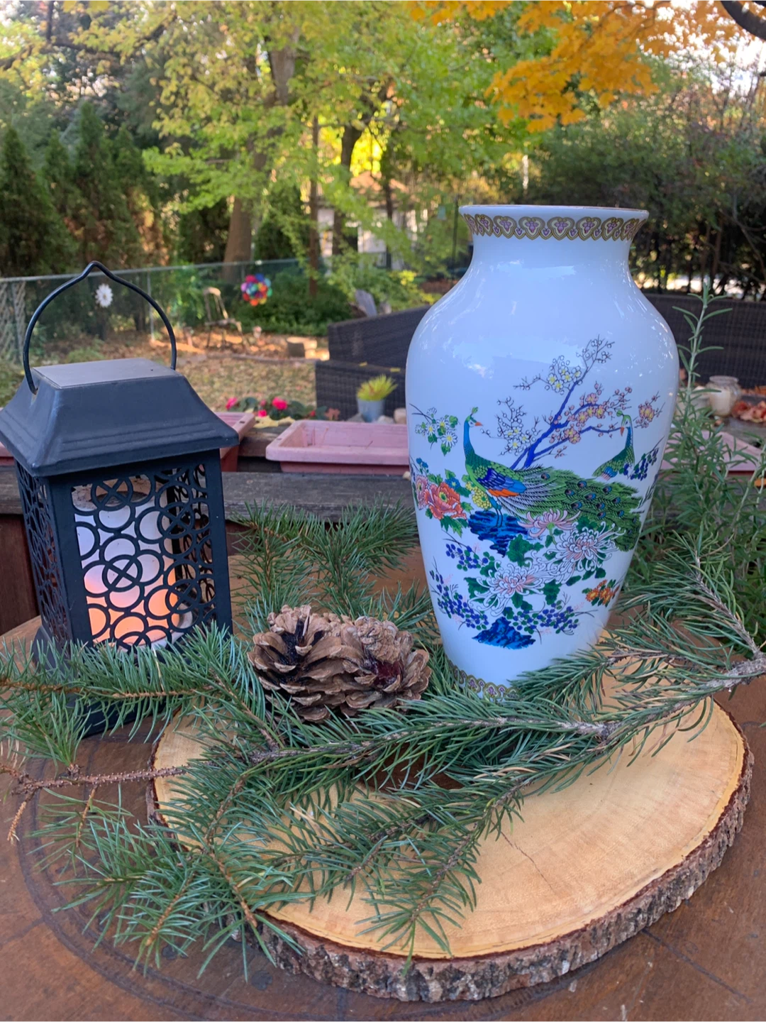 Vintage Peacock Floral Vase
