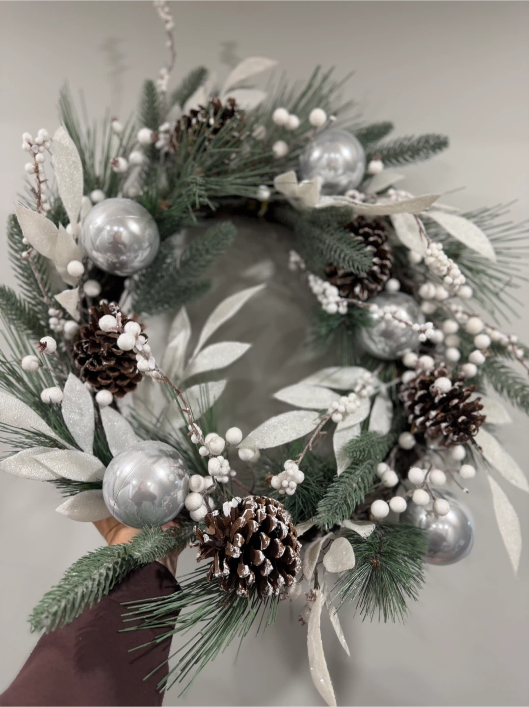 Christmas Wreath - Silver Ornaments & Pine Cones