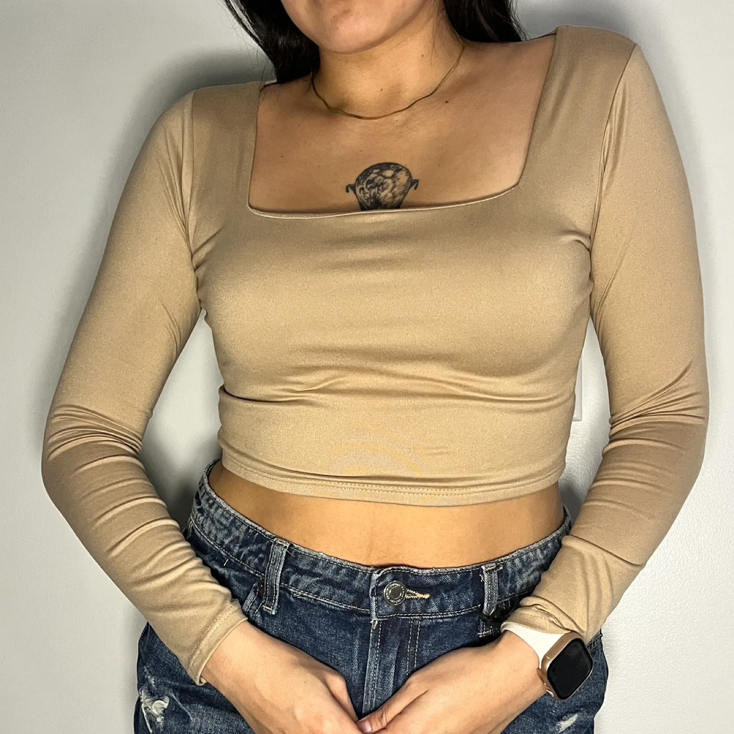 Beige Long Sleeve Crop Top thumbnail