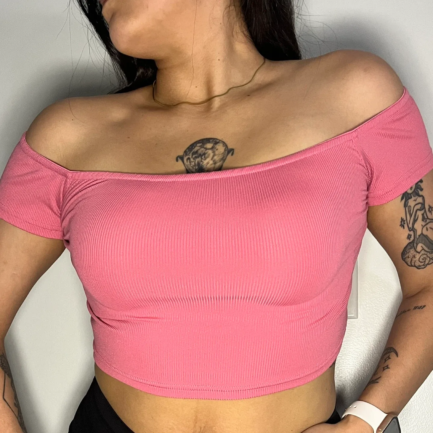 Pink Off-Shoulder Crop Top thumbnail