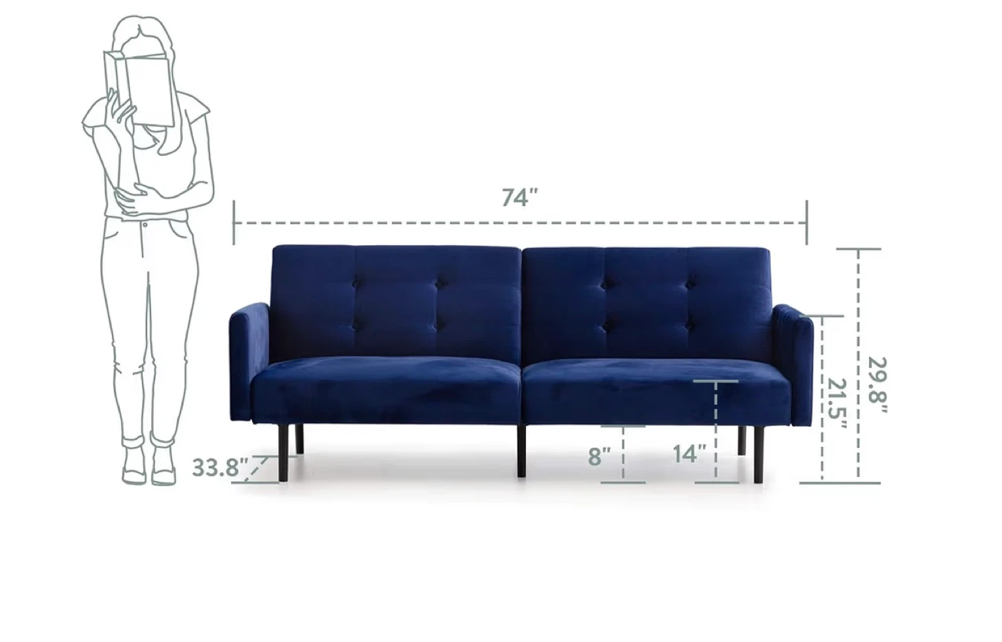 Blue Velvet Futon Sofa Bed (74")