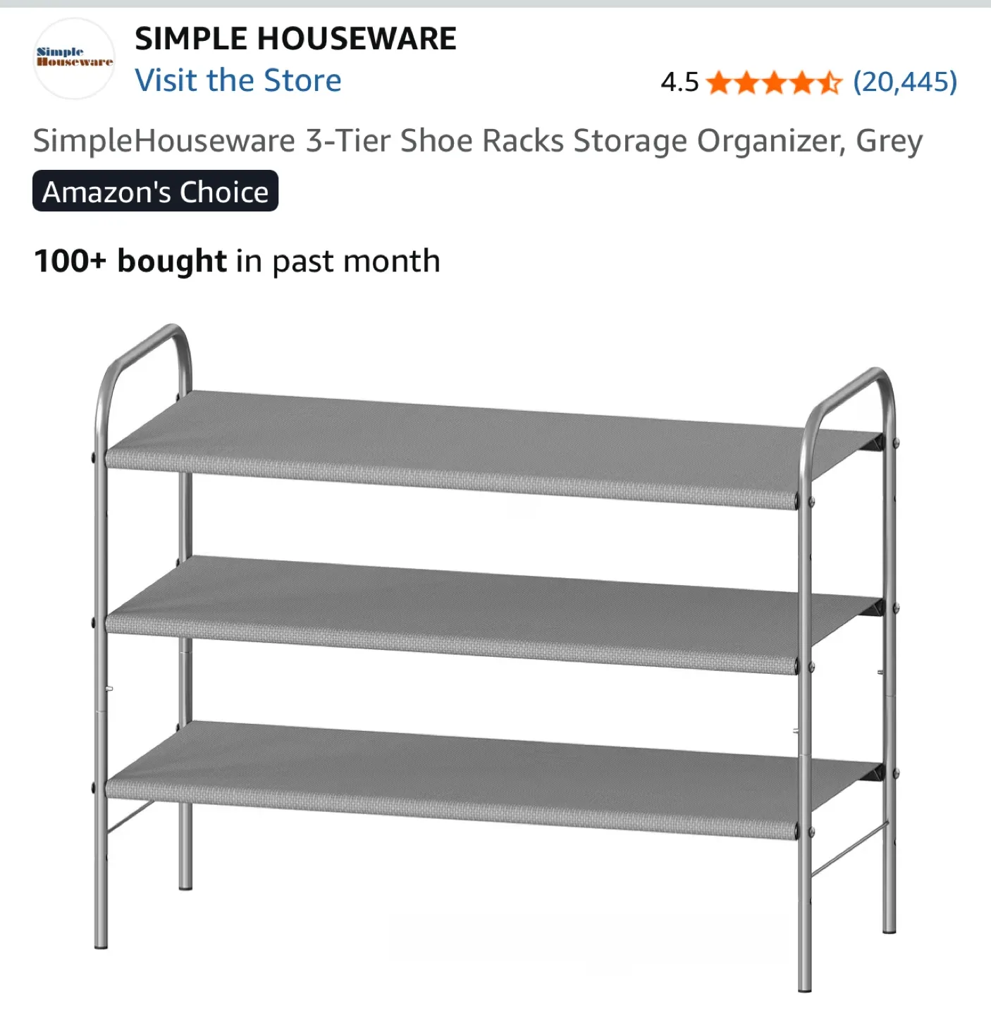 SimpleHouseware 3-Tier Shoe Rack - Grey