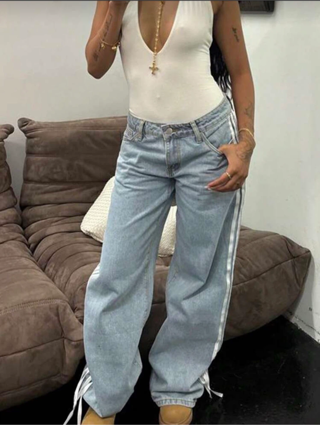 Adidas Blue Jeans with White Stripes