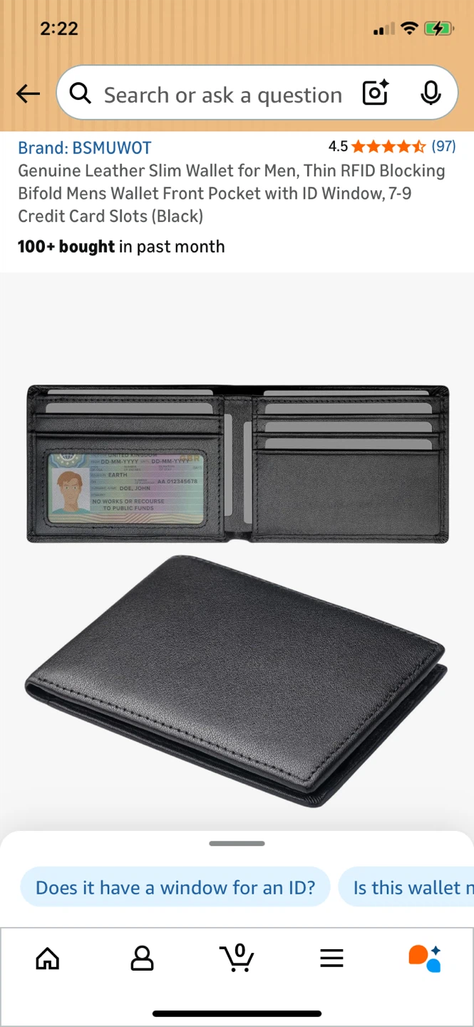 Black Leather Slim Bifold Wallet RFID protection - New