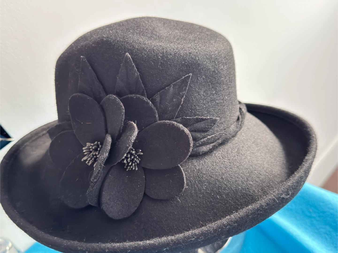 Black Wool Hat with Flower Detail